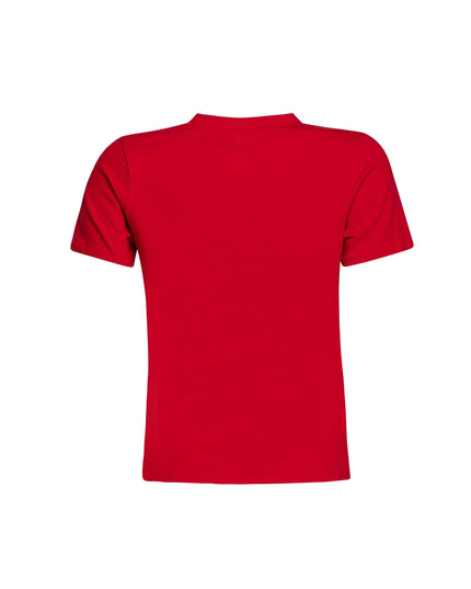 Back view of red 'Down for the Ride' t-shirt with a plain back design.