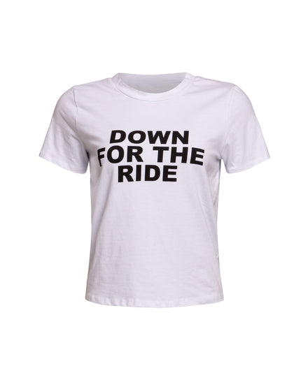 Front view of white 'Down for the Ride' t-shirt with bold black lettering.