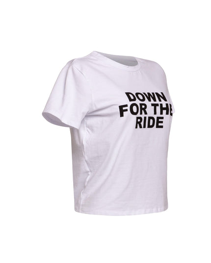 Left side view of white 'Down for the Ride' t-shirt with a relaxed fit.