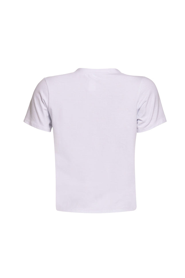 Back view of white 'Down for the Ride' t-shirt with a plain, solid back.