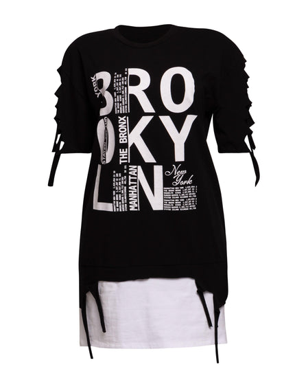 Front view of Bogomore Brooklyn Layered Tee in [color], featuring bold ‘BROOKLYN’ print and side-tie details.