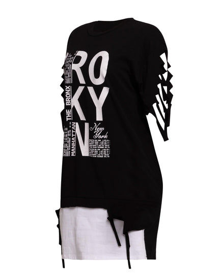 Right side view of Bogomore Brooklyn Layered Tee in [color], displaying side-tie details and bold typography.