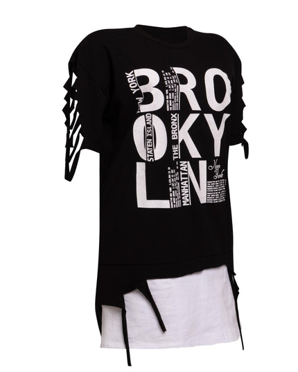 Left side view of Bogomore Brooklyn Layered Tee in [color], highlighting side-tie details and layered underlay