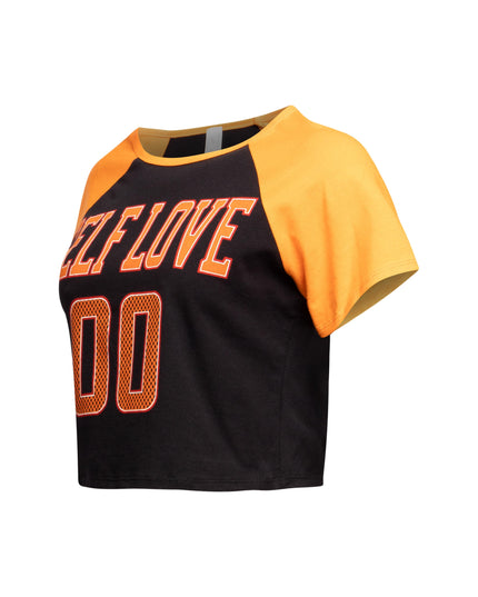 Left side view of two-toned ‘Self Love’ cropped t-shirt.