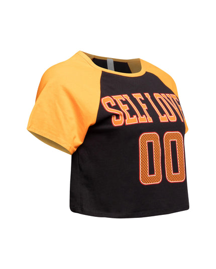 Right side view of two-toned ‘Self Love’ cropped t-shirt.