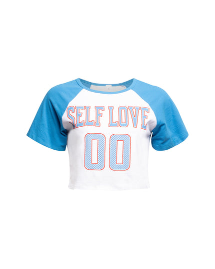  Two-toned ‘Self Love’ cropped t-shirt front view showing slogan.