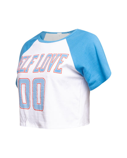 Left side view of two-toned ‘Self Love’ cropped t-shirt.
