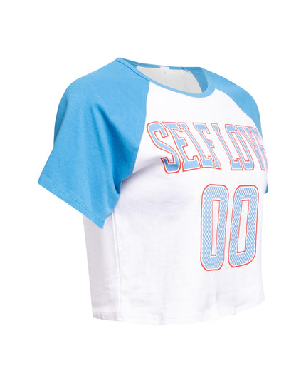 Right side view of two-toned ‘Self Love’ cropped t-shirt.