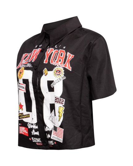 Left side view of black New York-themed graphic shirt displaying sleeve detail