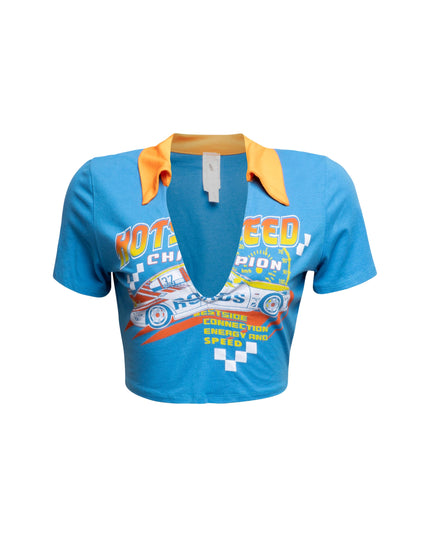 Blue racing-themed graphic shirt with vibrant yellow collar and detailed speed-inspired print on the front.