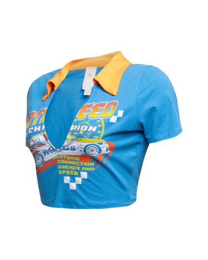Side view of blue racing-themed graphic shirt highlighting the sleeve detail and side seam.