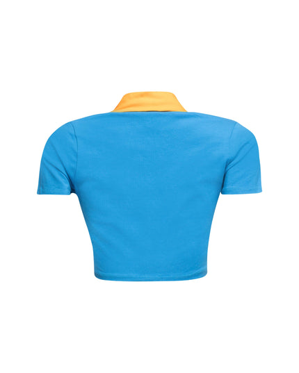 Back view of blue racing-themed graphic shirt showcasing clean design and comfortable fit.