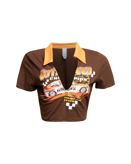 Brown racing-themed graphic shirt with vibrant yellow collar and detailed speed-inspired print on the front.