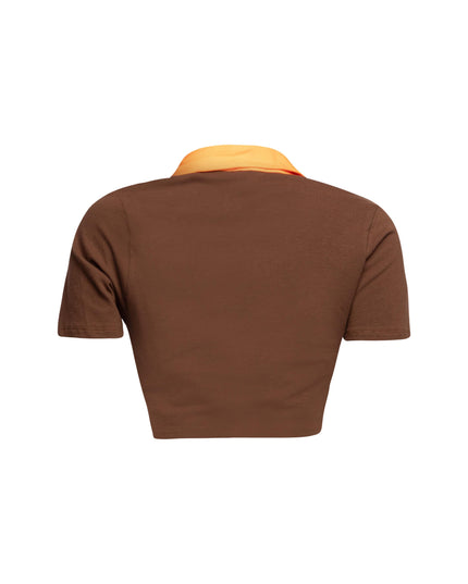 Back view of brown racing-themed graphic shirt showcasing clean design and comfortable fit.