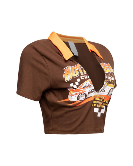 Right side view of brown graphic tee featuring racing print and contrasting yellow collar.