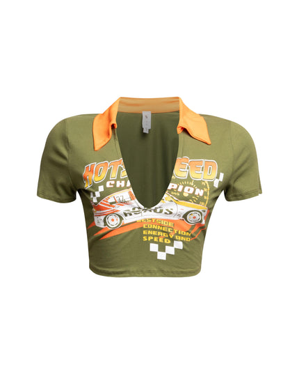 Olive green racing-themed graphic shirt with vibrant yellow collar and detailed speed-inspired print on the front.