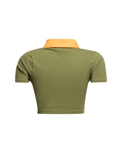 Back view of olive green racing-themed graphic shirt showcasing clean design and comfortable fit.