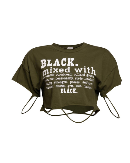 Green Bogomore Empowerment Crop Top with bold black text and decorative straps.