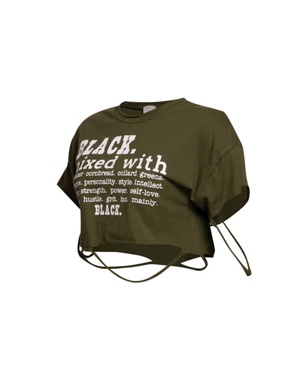 Right side view of green Bogomore Empowerment Crop Top illustrating fit and text placement.