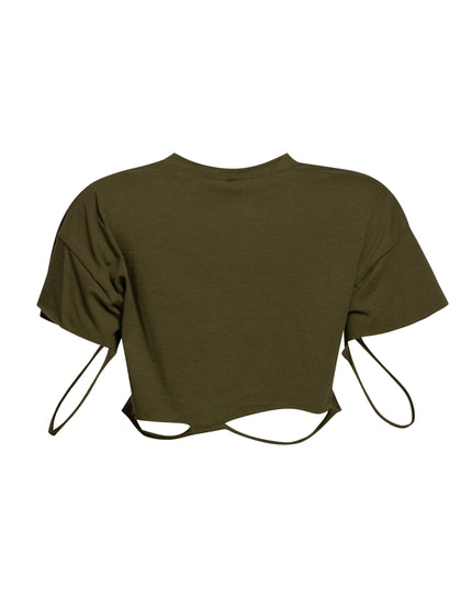 Back view of green Bogomore Empowerment Crop Top showcasing decorative straps