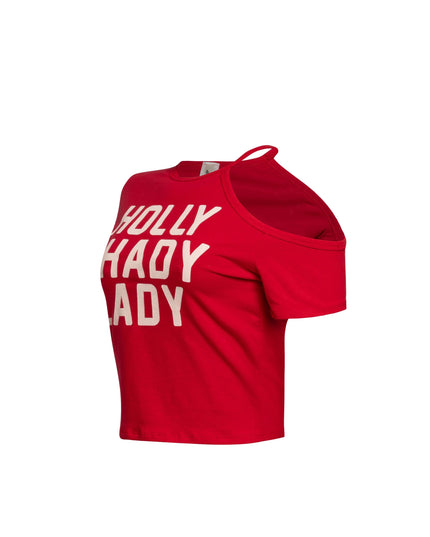 Left side view of Holly Shady Lady Asymmetric Tee in [color], showcasing the off-shoulder design and bold print.