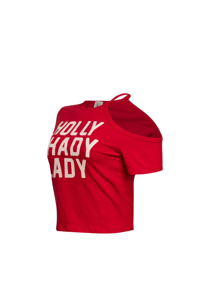 Left side view of Holly Shady Lady Asymmetric Tee in [color], showcasing the off-shoulder design and bold print.