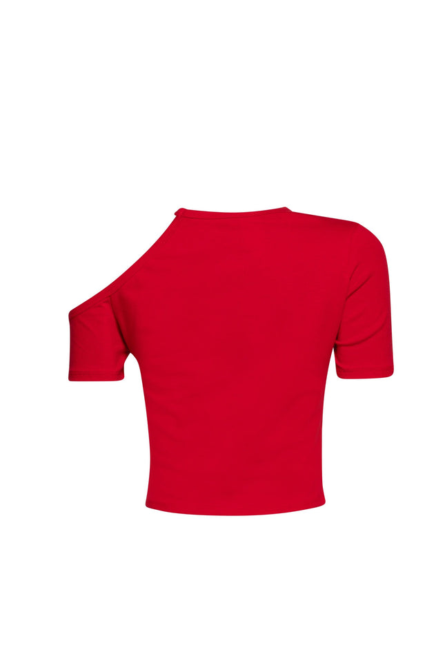 Back view of Holly Shady Lady Asymmetric Tee in [color], showing the unique cut-out shoulder detail.