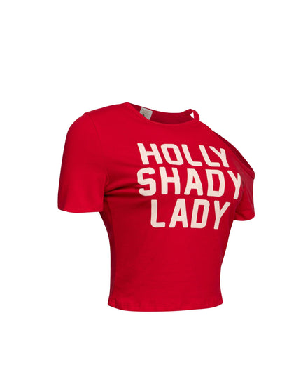 Right side view of Holly Shady Lady Asymmetric Tee in [color], highlighting the asymmetrical shoulder cut-out and graphic print.