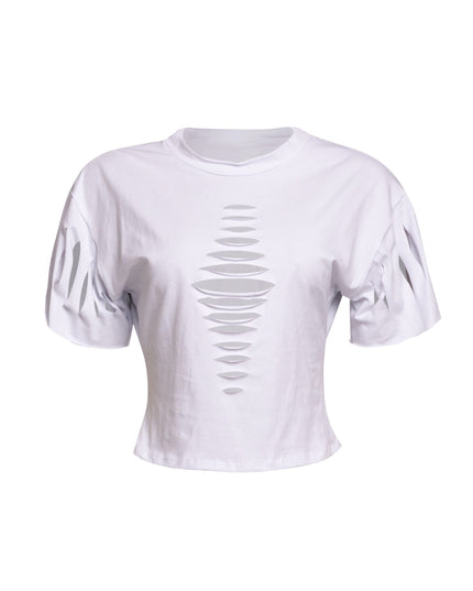 White Bogomore Spine Tee with distinctive front slit pattern resembling a human spine.