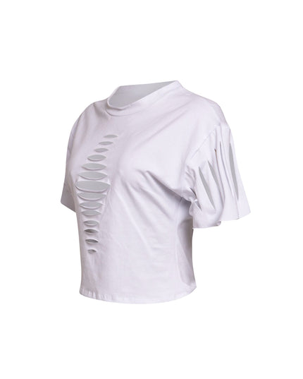 Side view of White Bogomore Spine Tee highlighting the edge of its unique spine-like slits