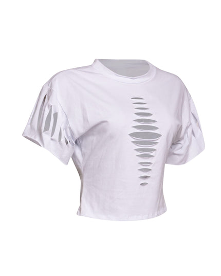 Opposite side view of White Bogomore Spine Tee displaying its innovative cut-out pattern.