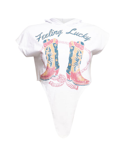 White ‘Feeling Lucky’ T-shirt with colorful cowboy boots graphic on front.