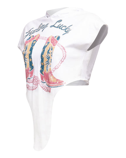Side view of white ‘Feeling Lucky’ T-shirt highlighting the sleeve detail.