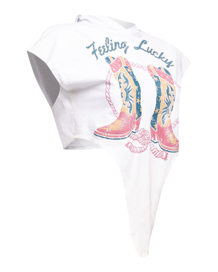Opposite side view of white ‘Feeling Lucky’ T-shirt showcasing its fit.
