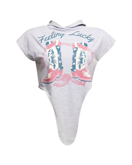Gray ‘Feeling Lucky’ T-shirt with colorful cowboy boots graphic on front.