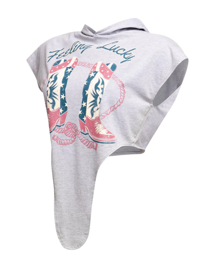 Side view of gray ‘Feeling Lucky’ T-shirt highlighting the sleeve detail.
