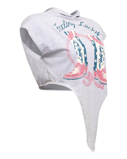  Opposite side view of gray ‘Feeling Lucky’ T-shirt showcasing its fit.