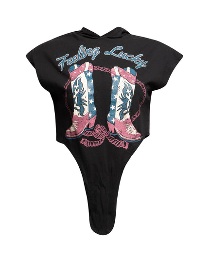 Black ‘Feeling Lucky’ T-shirt with colorful cowboy boots graphic on front.