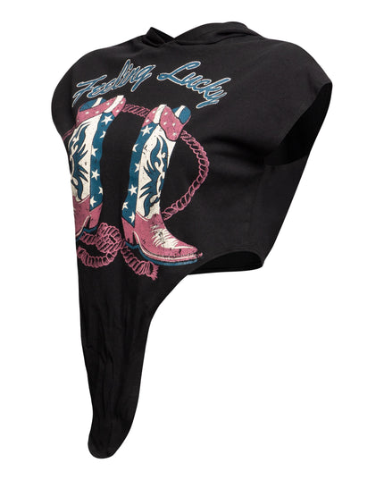 Side view of black ‘Feeling Lucky’ T-shirt highlighting the sleeve detail.