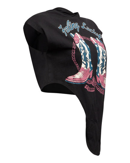  Opposite side view of black ‘Feeling Lucky’ T-shirt showcasing its fit.