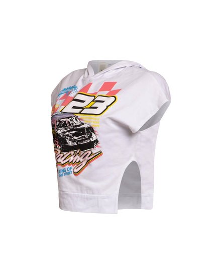 White Bogomore King of Speed Tee right side view showing shirt fit and side seam