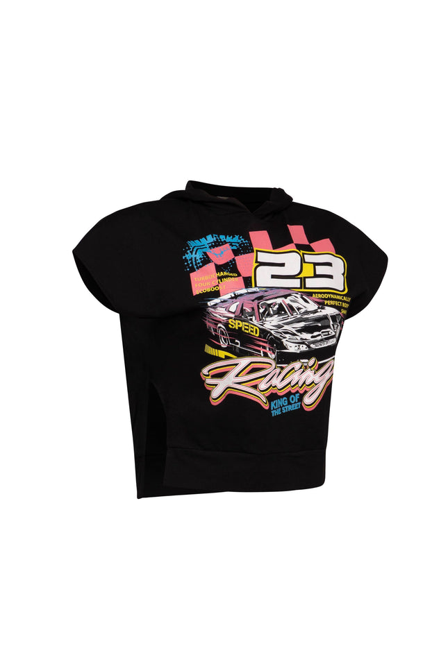 White Bogomore King of Speed Tee left side view displaying sleeve detail