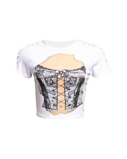  Bogomore Lingerie Illusion T-Shirt in White with Front Lingerie Graphic Print.