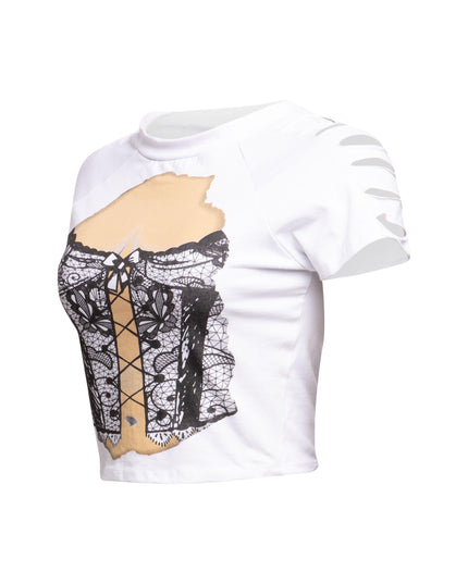 Left side view of Bogomore Lingerie Illusion T-Shirt in White.