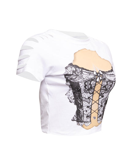 Right side view of Bogomore Lingerie Illusion T-Shirt in White.