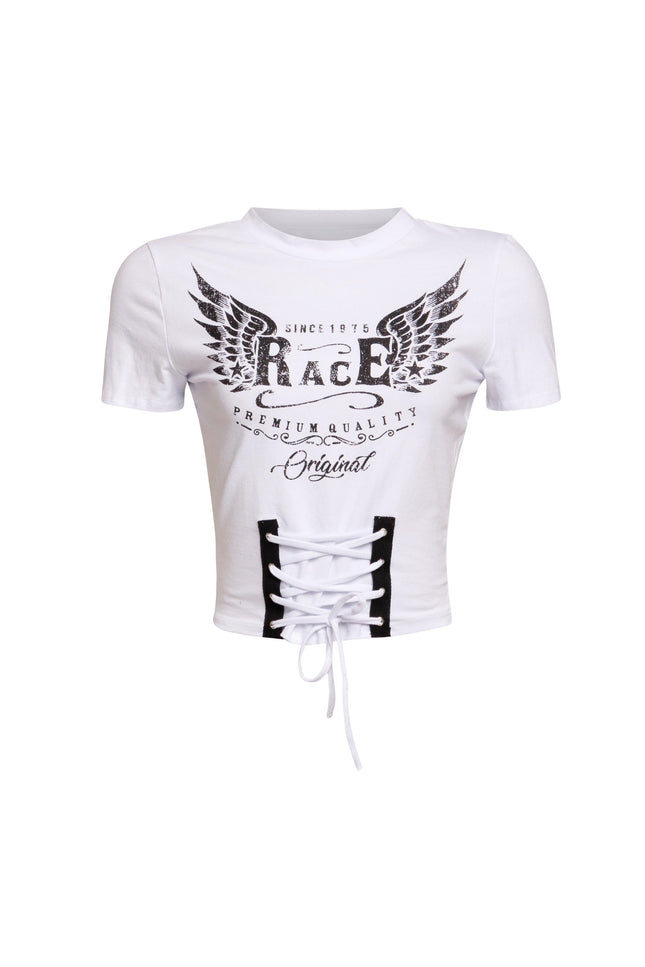 Bogomore Lace-Up Graphic Crop Tee with winged print and lace-up detail, front view.