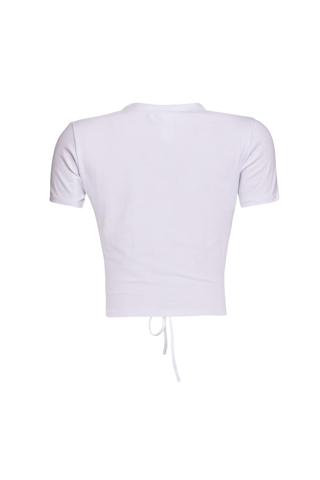 Bogomore Lace-Up Graphic Crop Tee, back view showcasing solid color and fit