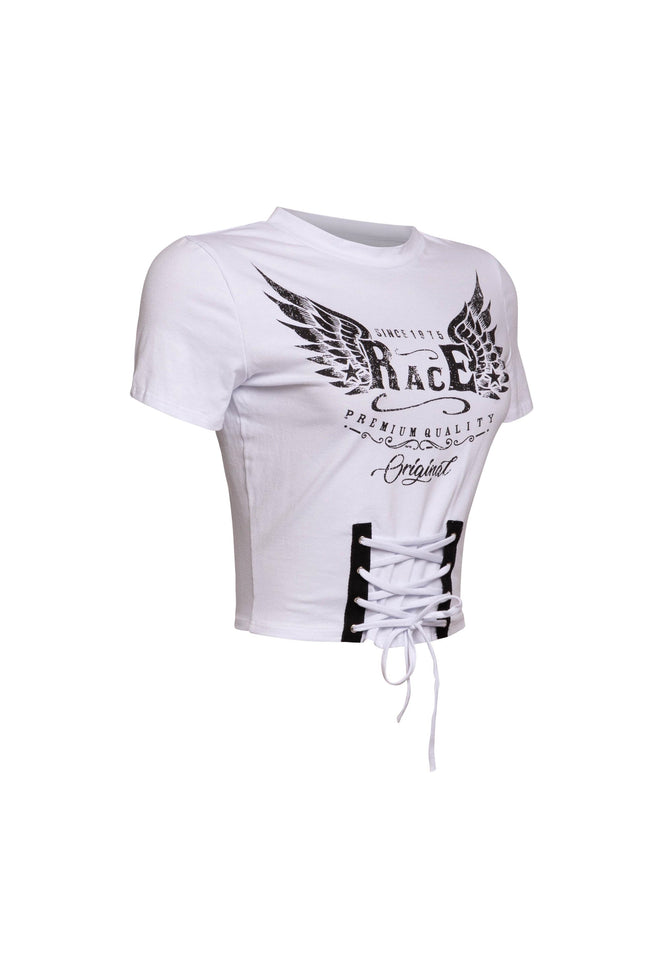 Bogomore Lace-Up Graphic Crop Tee with winged print, right side view featuring lace-up front design