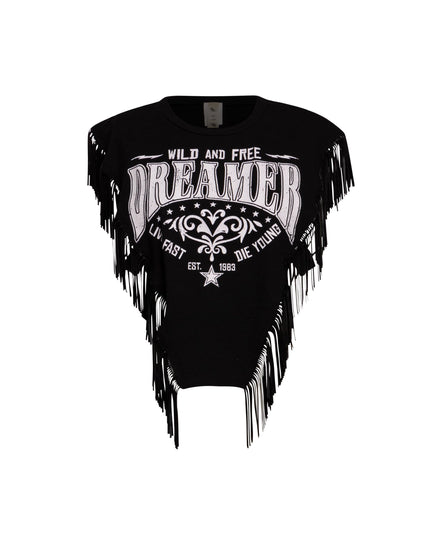 Front view of black fringed graphic t-shirt with 'Wild and Free Dreamer' slogan and white design.