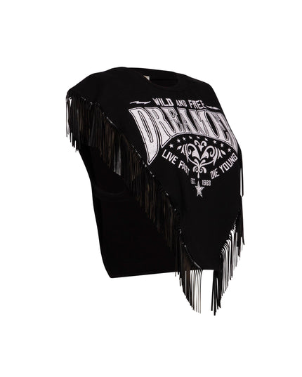 Right side view of black fringed t-shirt showing cascading fringe trim and 'Dreamer' graphic.